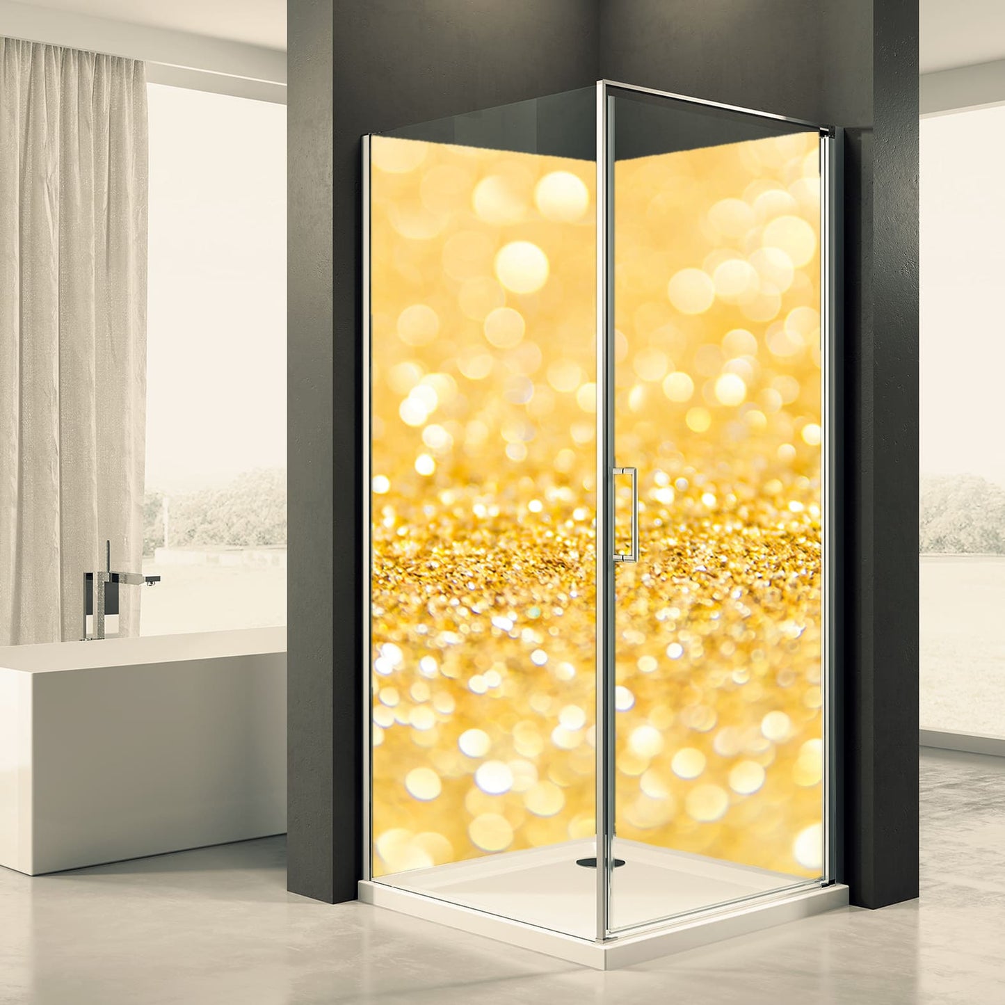 Shower back wall gold circles motif 0014