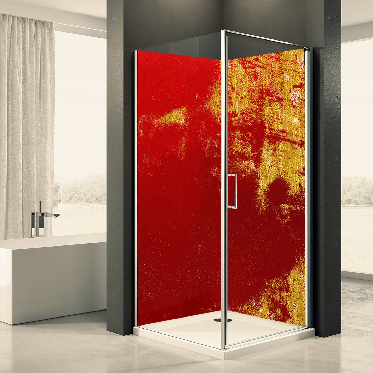 Shower back wall red gold motif 0038