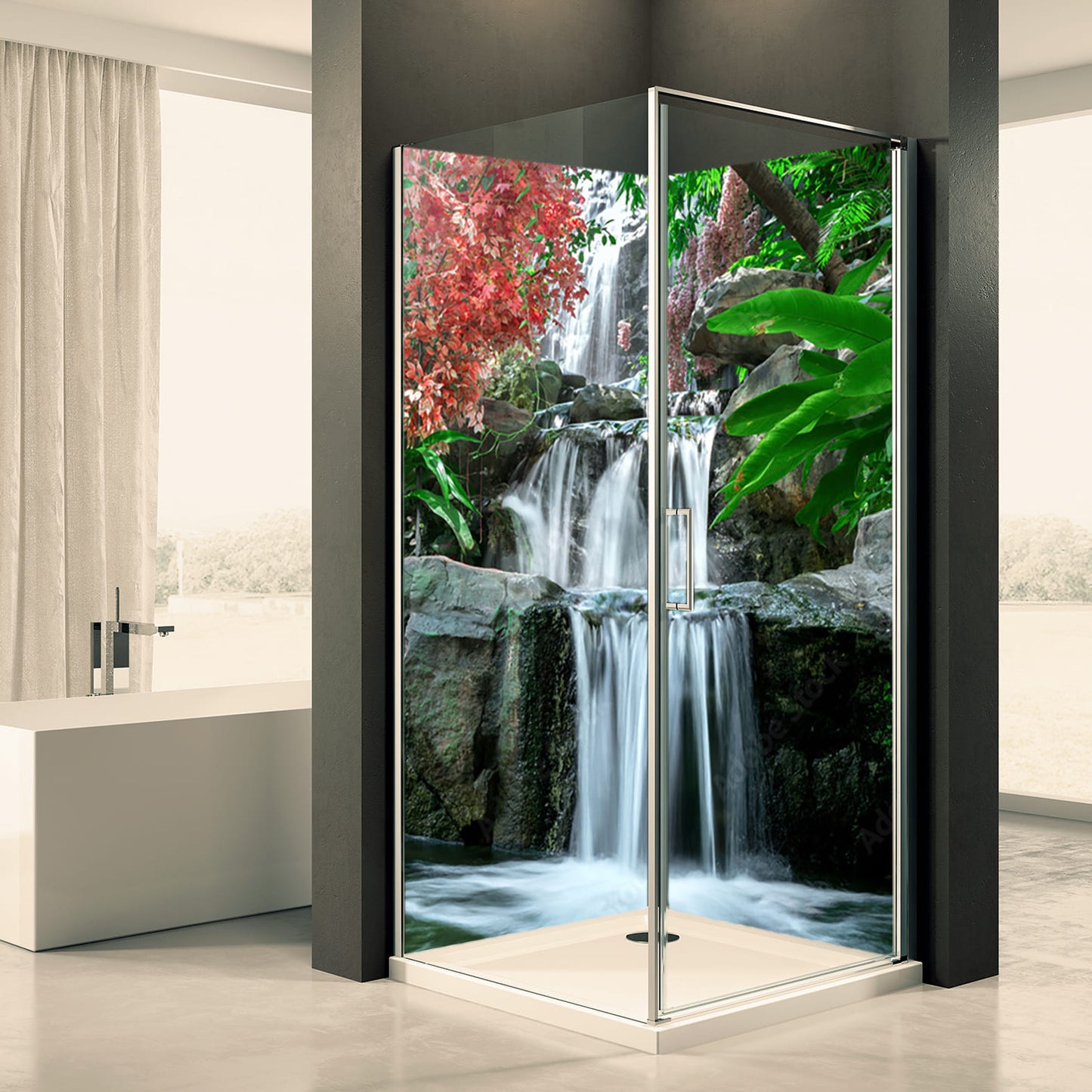 Shower back wall waterfall jungle motif 0129