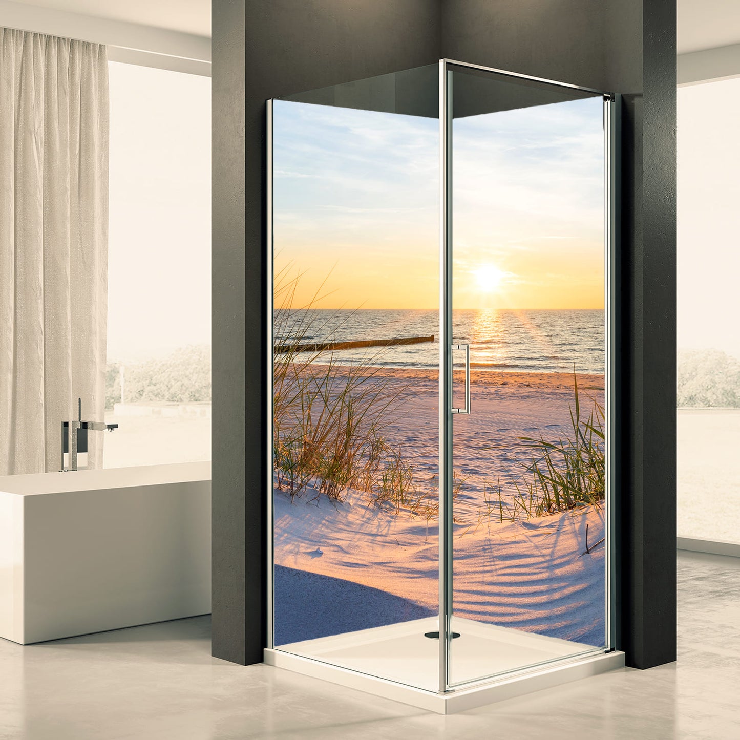 Shower back wall beach dunes sunset motif 0134