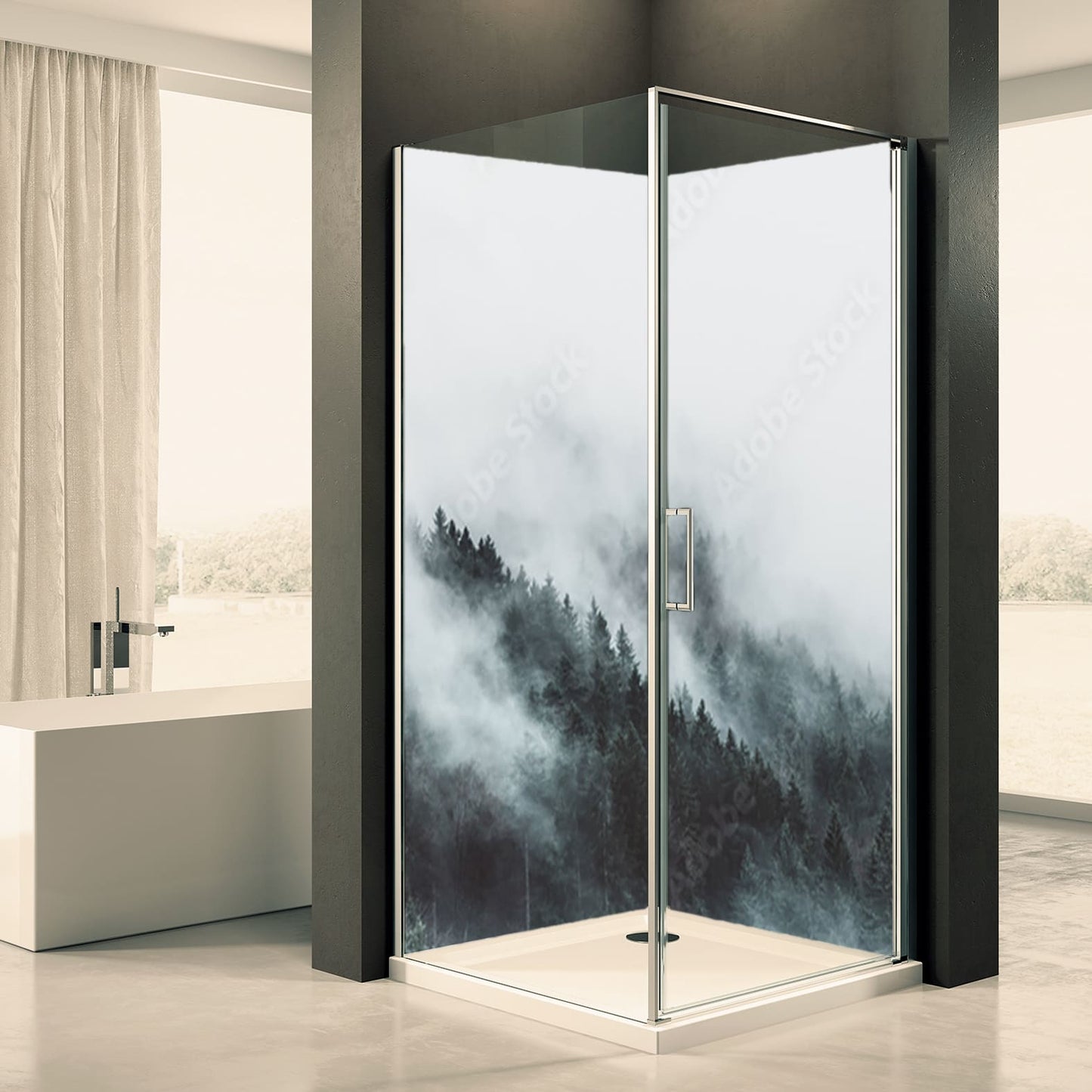 Shower back wall fog forest valley motif 0141