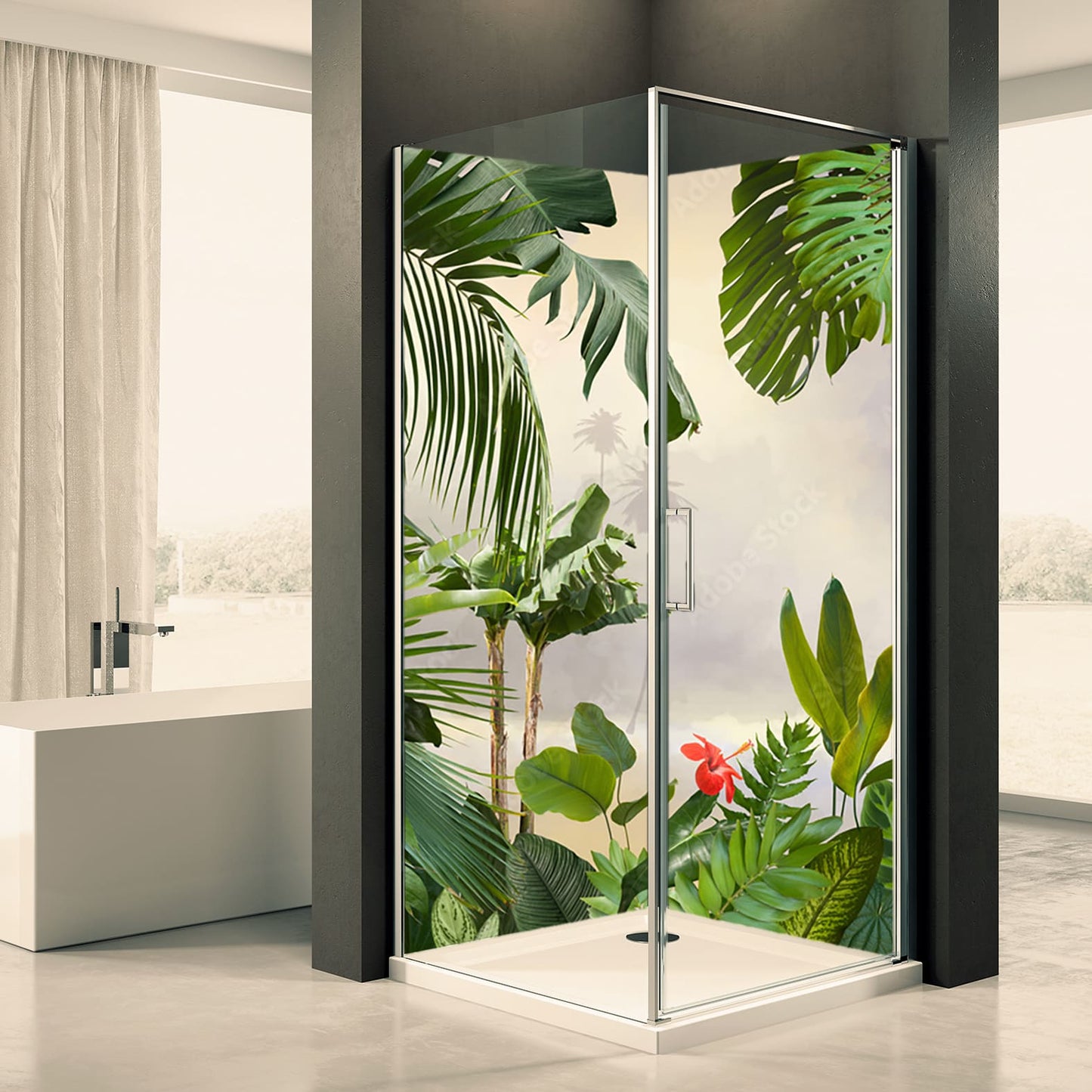 Shower back wall jungle leaves blossom motif 0144