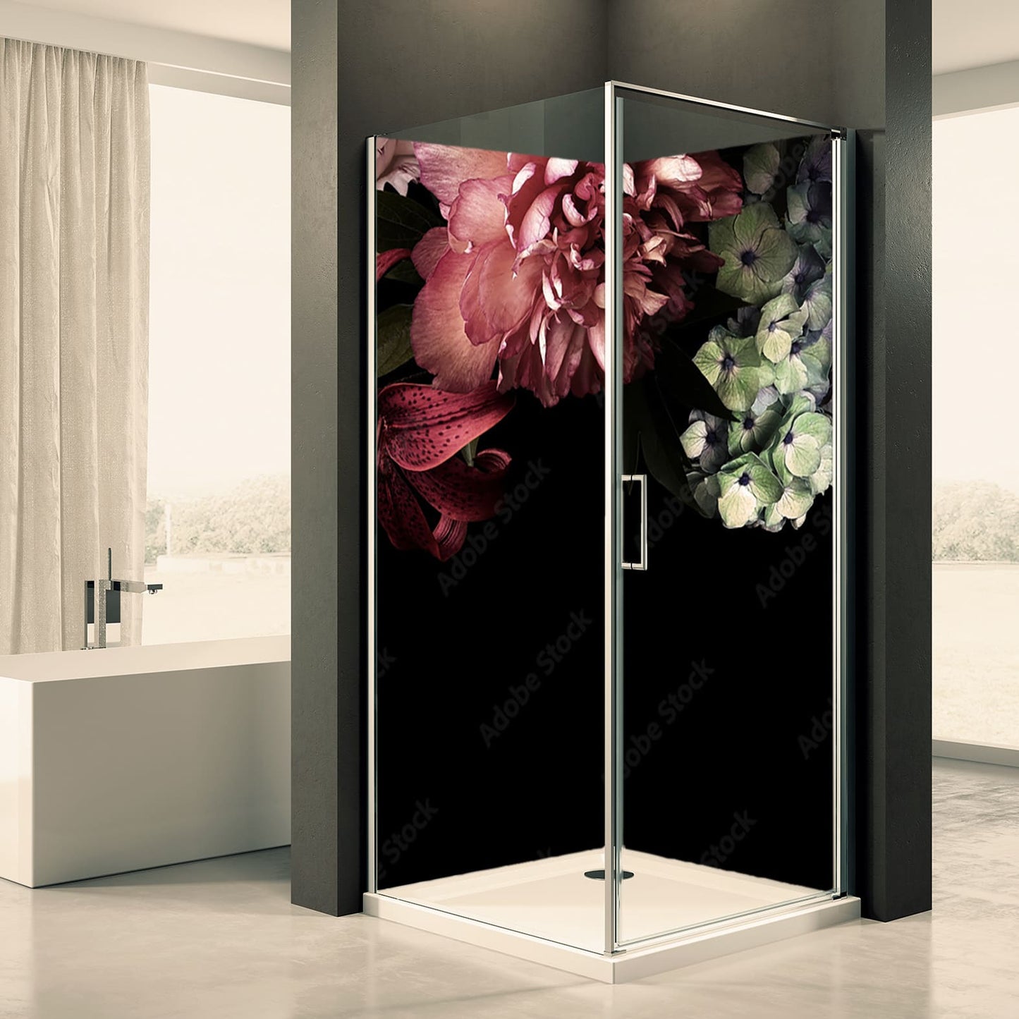 Shower back wall flowers dark motif 0146