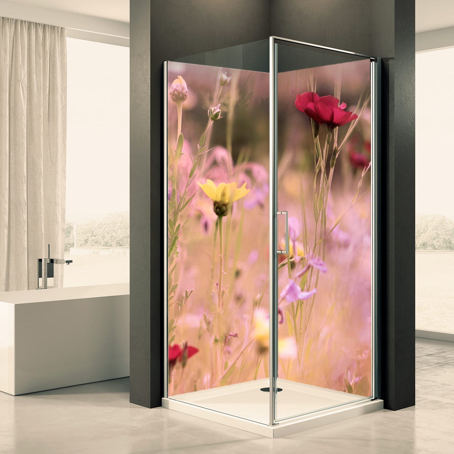 Shower back wall flower meadow pastel motif 0149