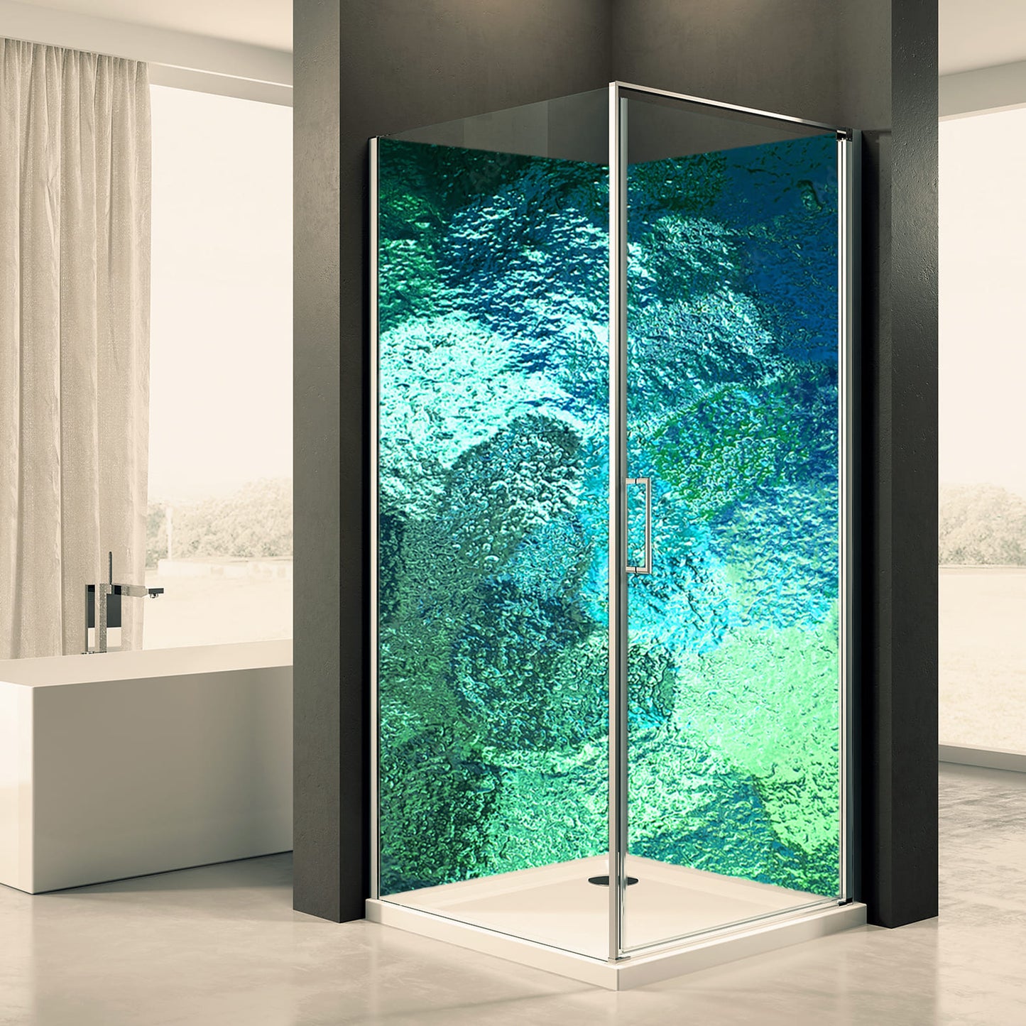 Shower back wall glass blue green motif 0150