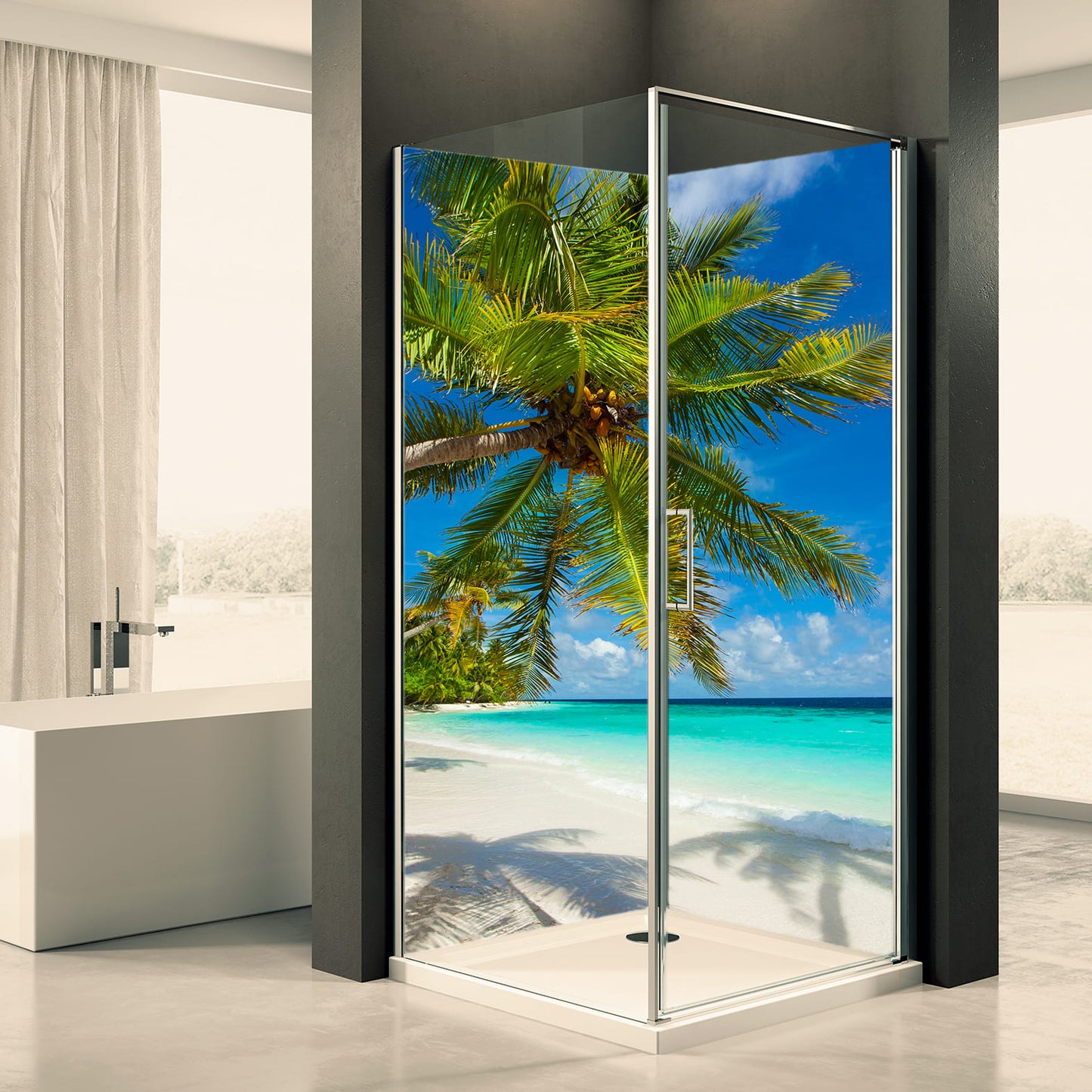 Shower back wall palm tree sea motif 0154