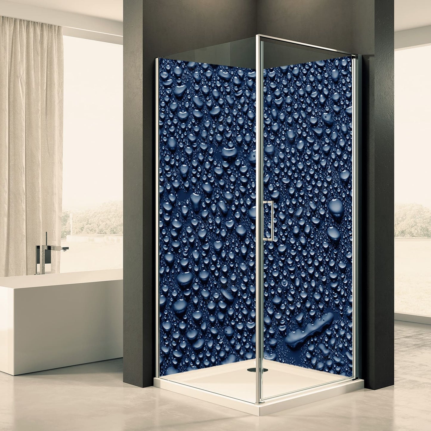 Shower back wall water drops blue motif 0212