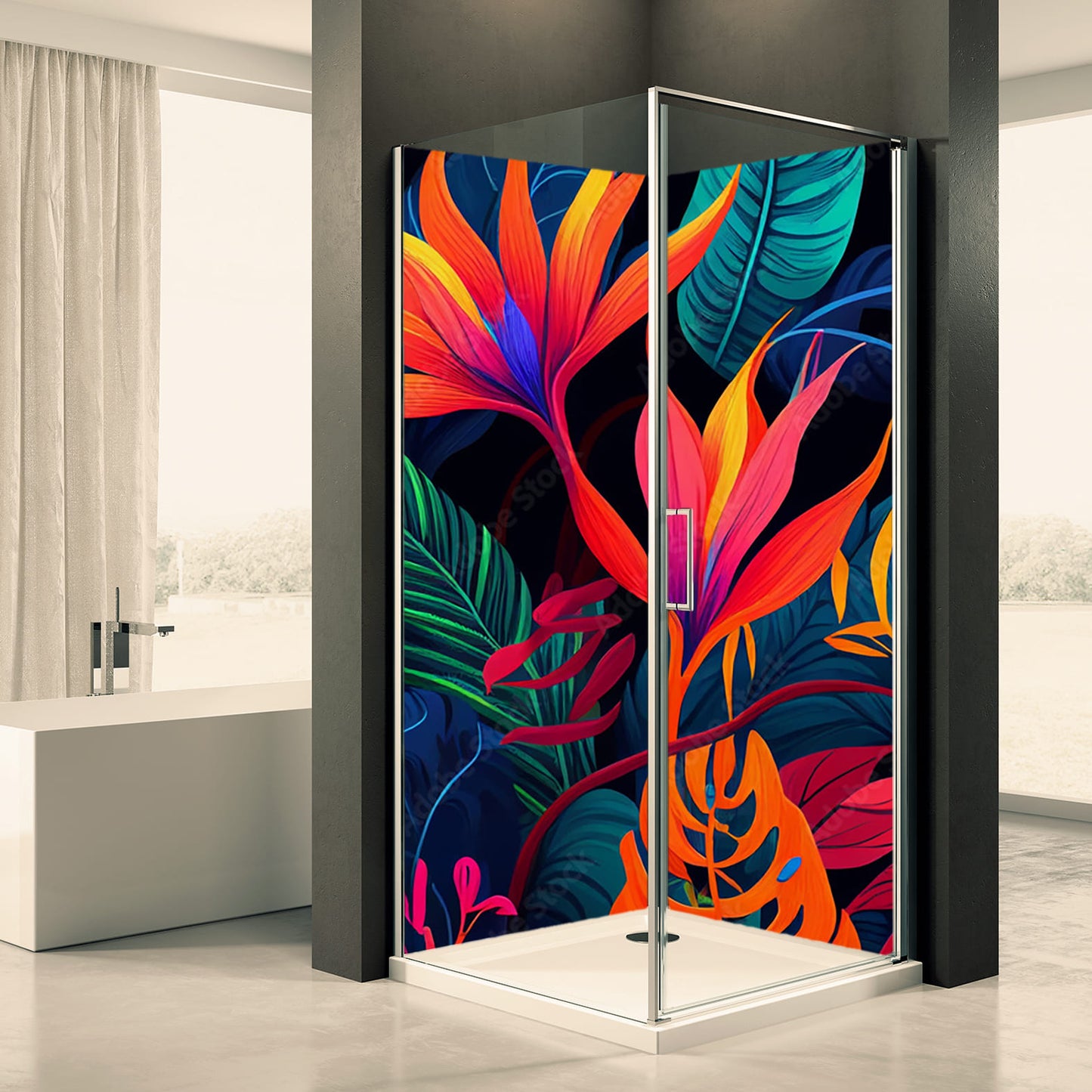 Shower back wall colorful leaves motif 0317