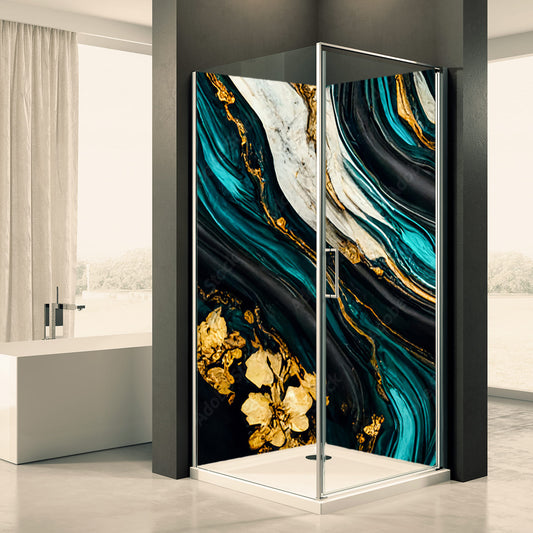 Shower back wall turquoise gold motif 0322