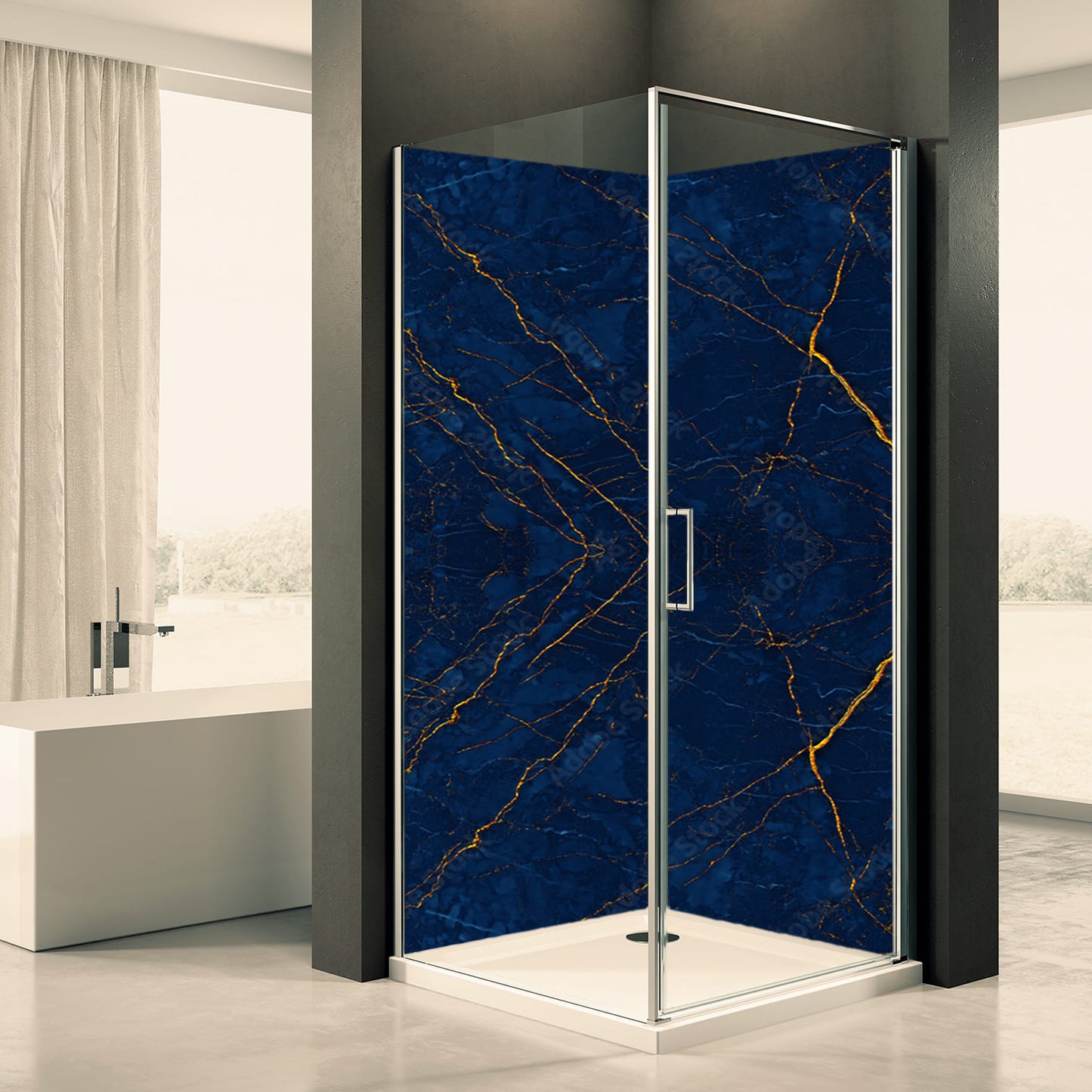 Shower back wall blue gold motif 0330