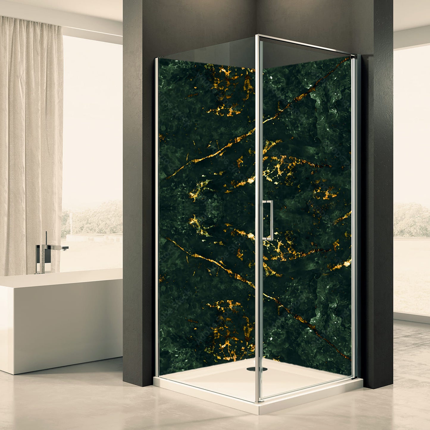 Shower back wall dark green gold motif 0332