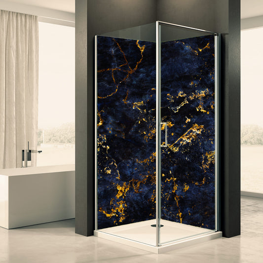 Shower back wall dark blue gold motif 0333