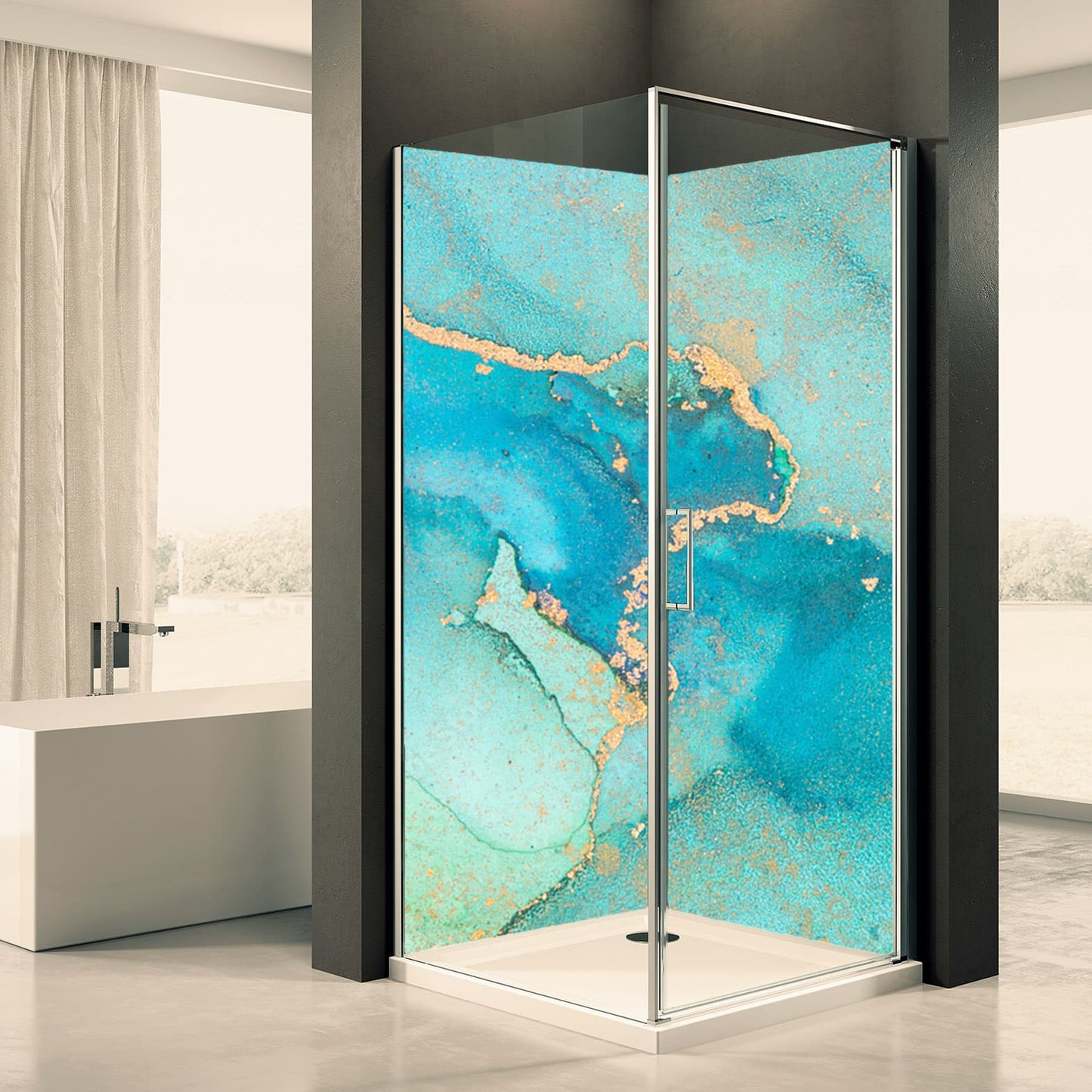 Shower back wall blue green 9 motif 0353