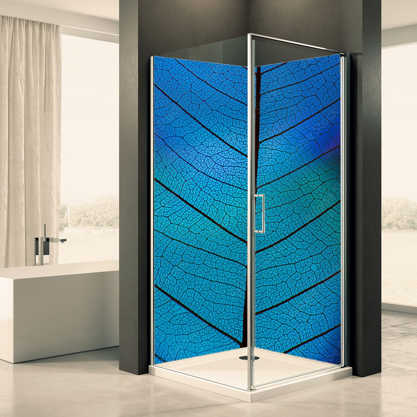 Shower back wall blue leaf motif 0450