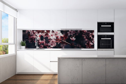 Kitchen back wall cherry tree blossom motif 0072