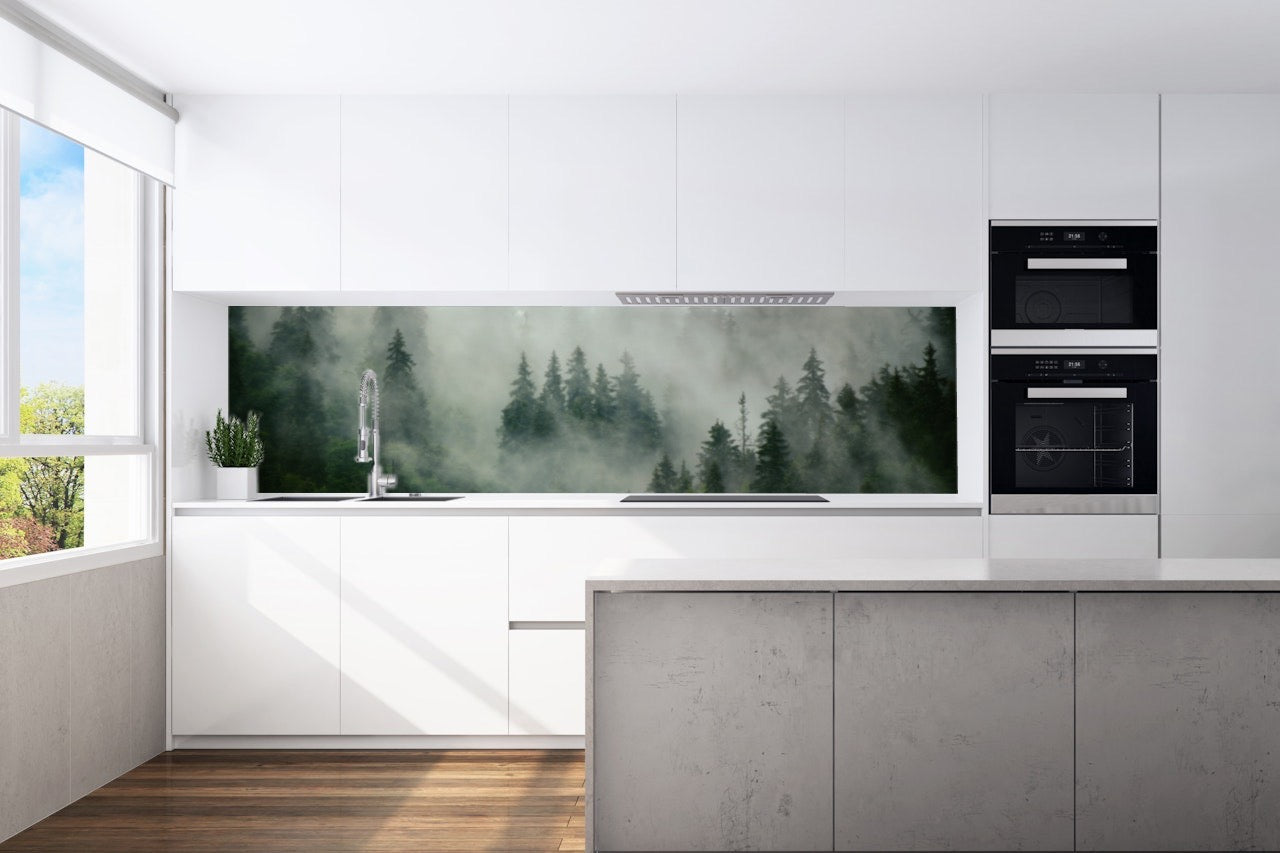 Achterwand keuken bos-mist-nevel motief 0140