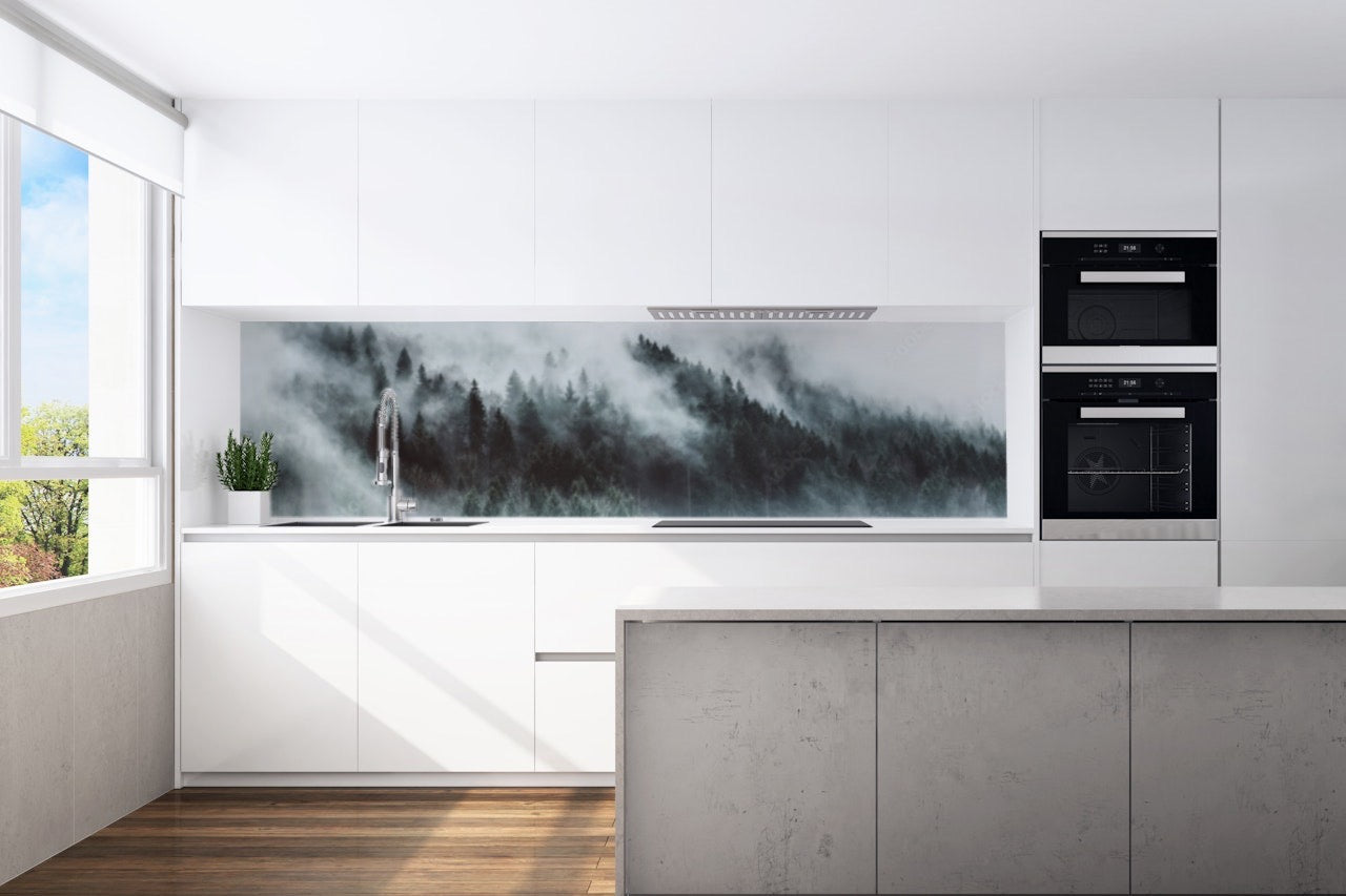 Kitchen back wall fog forest valley motif 0141