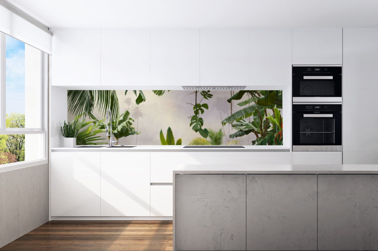 Kitchen back wall jungle leaves blossom motif 0144