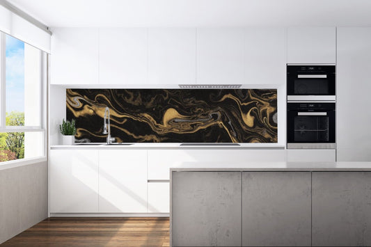 Kitchen back wall marble black and gold motif 0177