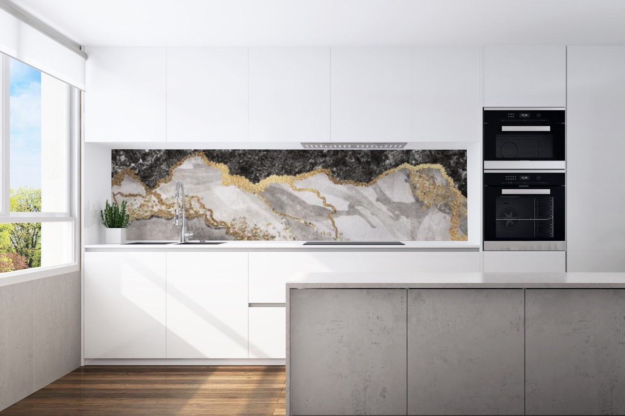 Kitchen back wall marble black-gold-white motif 0178