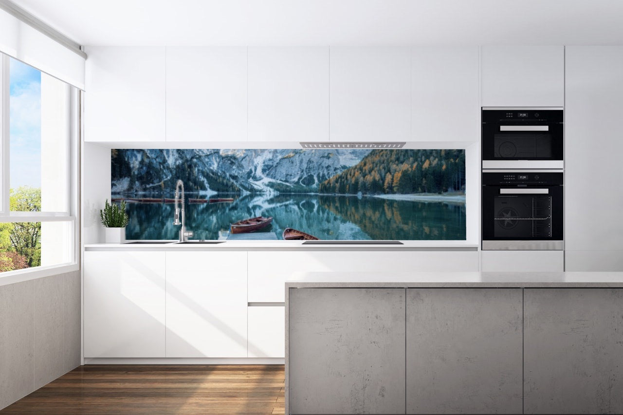 Kitchen back wall jetty lake mountains motif 0207