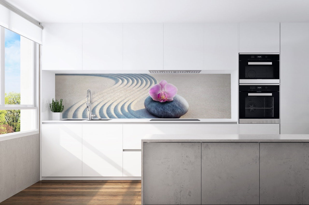 Kitchen back wall Zen stones orchid motif 0218