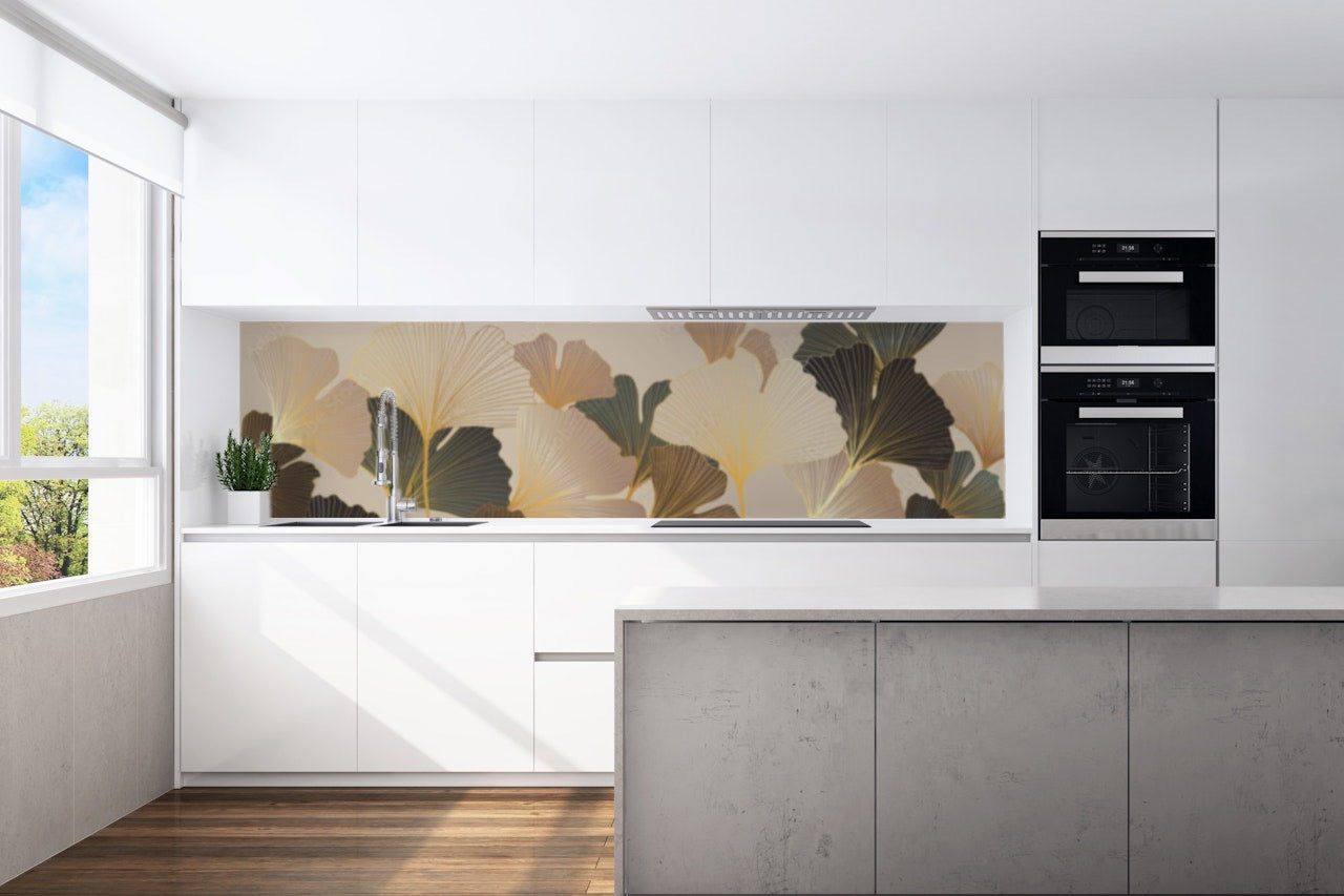 Kitchen back wall Zen Ginko gold motif 0238