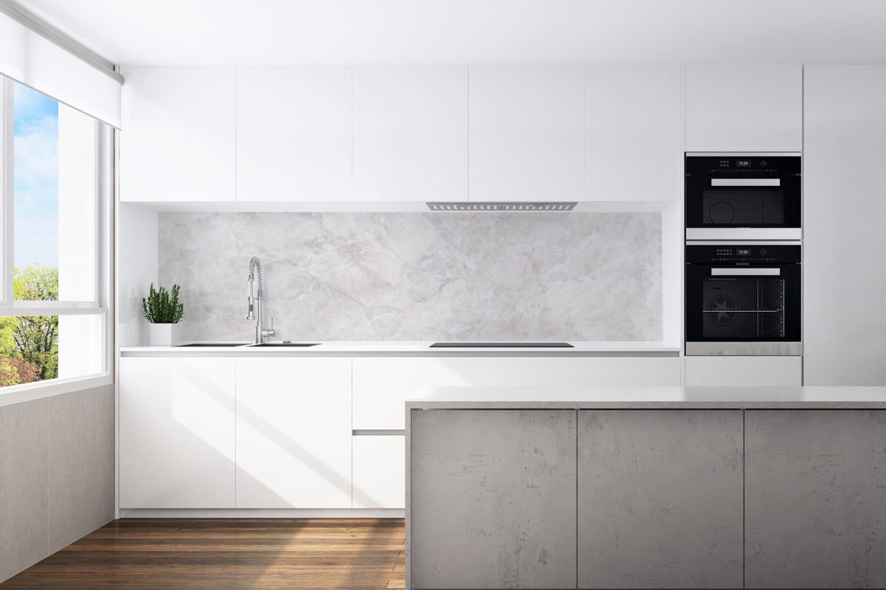 Kitchen back wall marble white-gray motif 0246