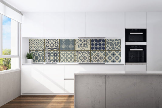 Kitchen back wall mosaic tiles blue motif 0258