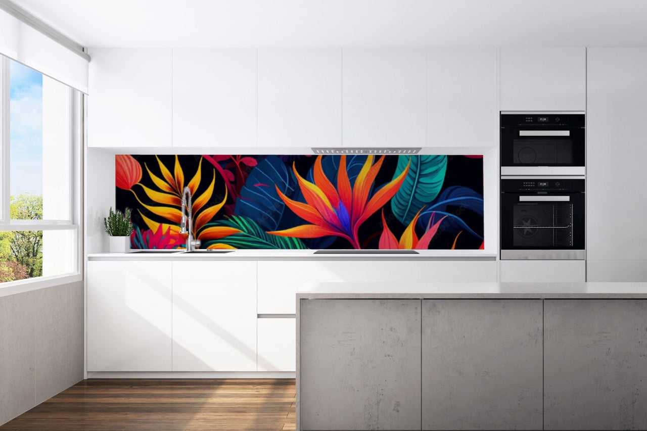 Kitchen back wall colorful leaves motif 0317