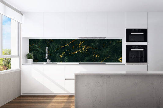 Kitchen back wall dark green-gold motif 0332