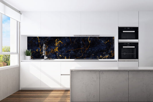 Kitchen back wall dark blue-gold motif 0333